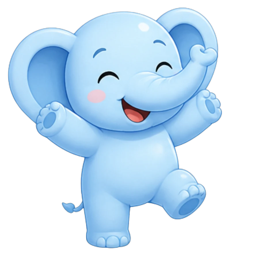 Feelo the elephant, smiling and waving